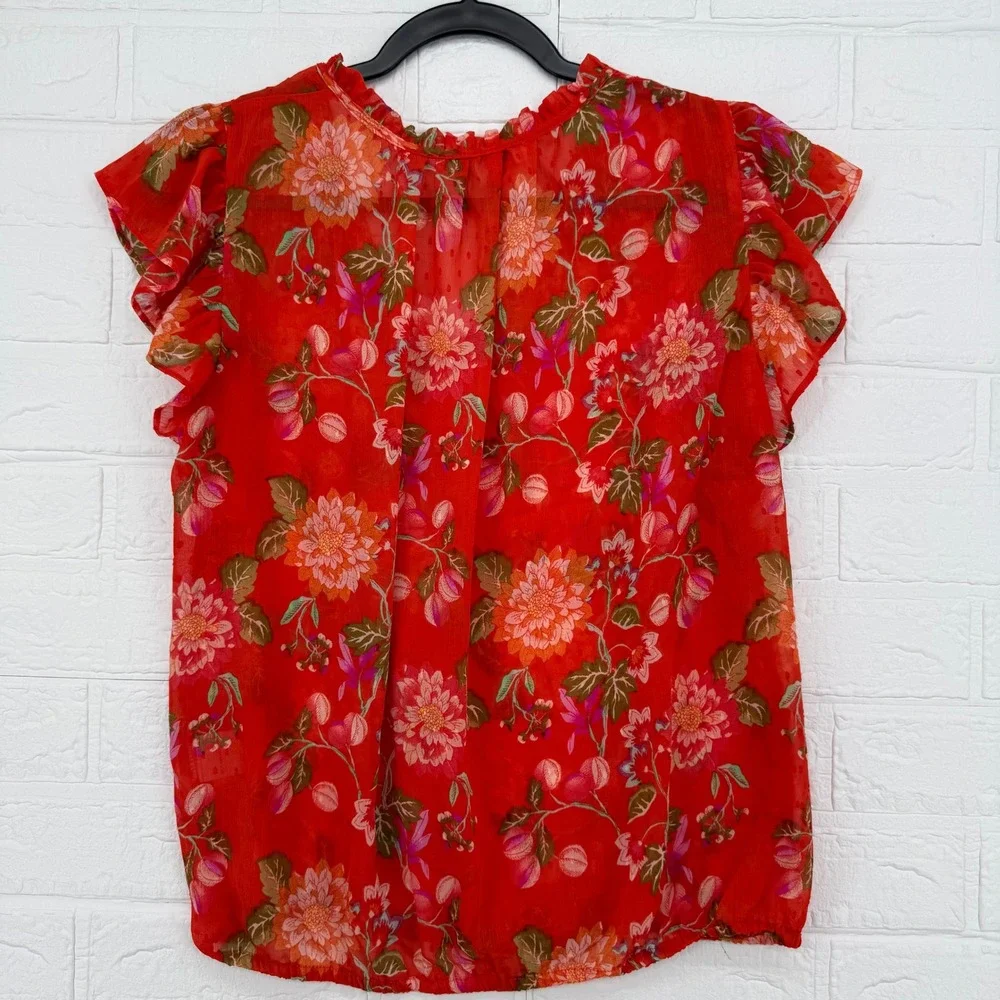 Rose + Olive Floral Blouse Women Size L Red Flutter Sleeve Tassel Tie Top Boho
